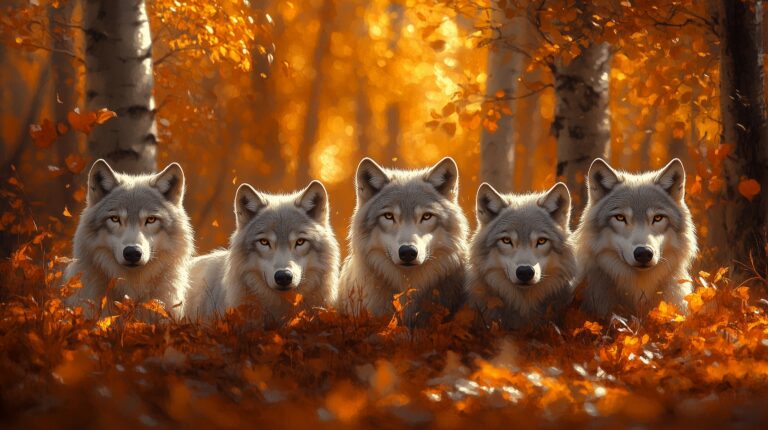 Autumnal forest scene with five grey wolves photo