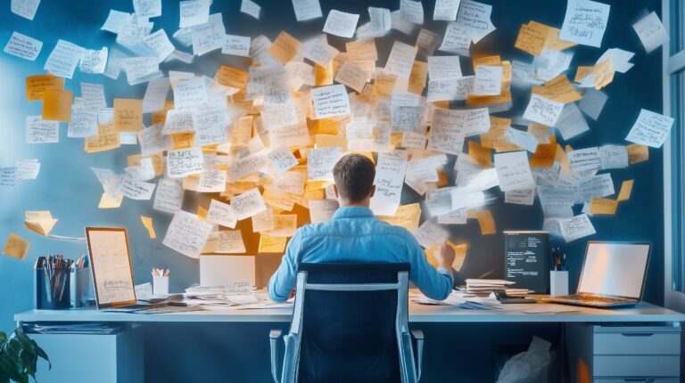 Man surrounded by a whirlwind of sticky notes in office photo