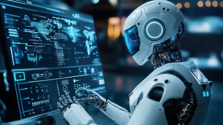 Robot interacting with advanced digital control panel in a futuristic setting photo