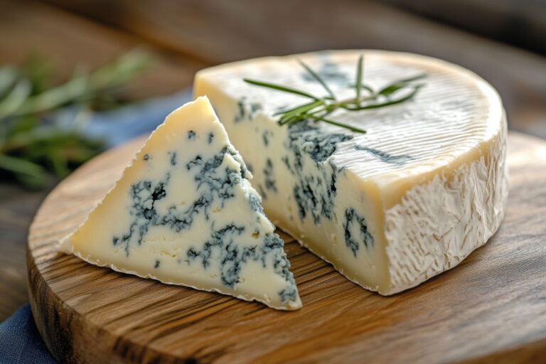 Wedge of blue cheese with veins on rustic wooden board photo